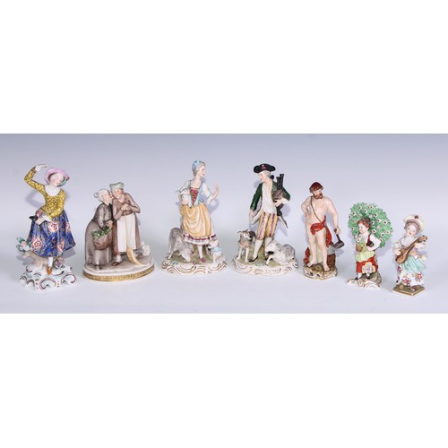 738 - A Neapolitan porcelain figural group, Gossip, 15cm high, printed marks; other Continental figures, v... 