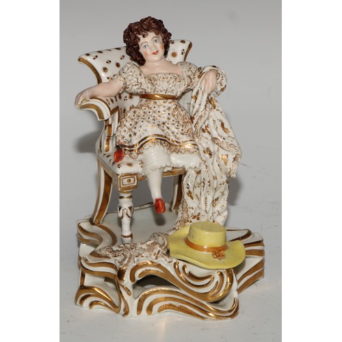 664 - A Bloor Derby figure, of a girl seated in a chair, picked out in gilt, 14cm high, red mark; another,... 