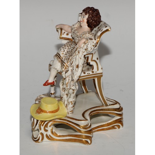 664 - A Bloor Derby figure, of a girl seated in a chair, picked out in gilt, 14cm high, red mark; another,... 