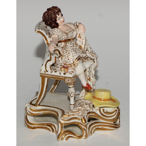 664 - A Bloor Derby figure, of a girl seated in a chair, picked out in gilt, 14cm high, red mark; another,... 