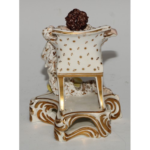 664 - A Bloor Derby figure, of a girl seated in a chair, picked out in gilt, 14cm high, red mark; another,... 