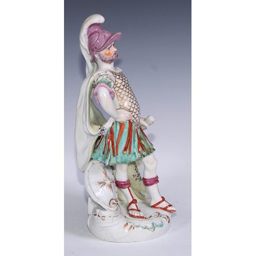 703 - A large Derby patch mark figure, Mars, as a Roman centurion, scroll base, 35.5cm high, c.1765