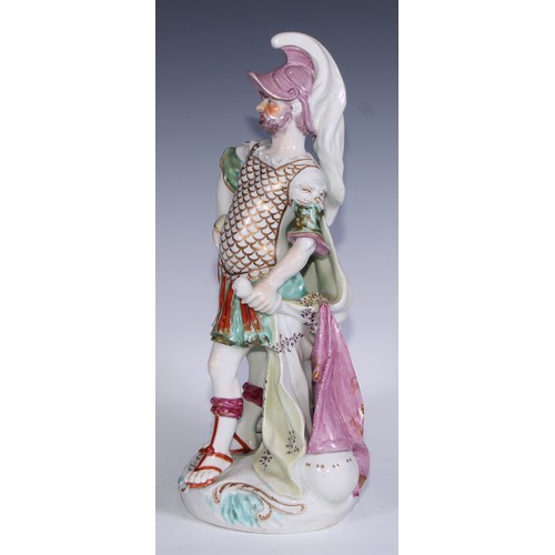 703 - A large Derby patch mark figure, Mars, as a Roman centurion, scroll base, 35.5cm high, c.1765