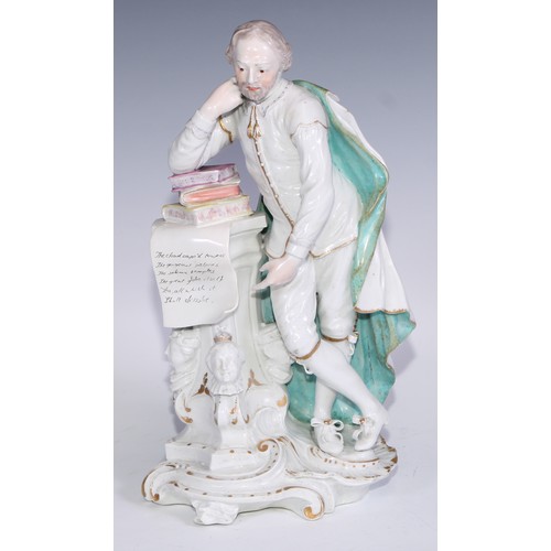 692 - A Derby patch mark figure, of William Shakespeare, turquoise cloak, picked out in gilt, scroll base,... 