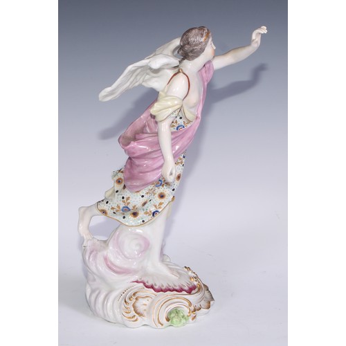 702 - A large Derby patch mark figure, Fame, no.302, scroll base, picked out in polychrome enamels, 31cm h... 