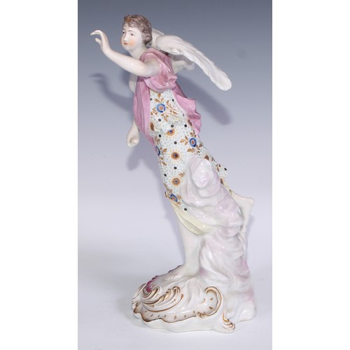 702 - A large Derby patch mark figure, Fame, no.302, scroll base, picked out in polychrome enamels, 31cm h... 