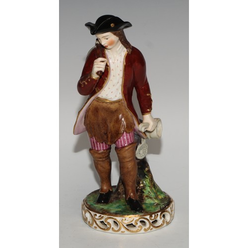 706 - A matched pair of Derby figures, a lady and gentleman in 18th century dress, 16cm high; a pair of Sa... 