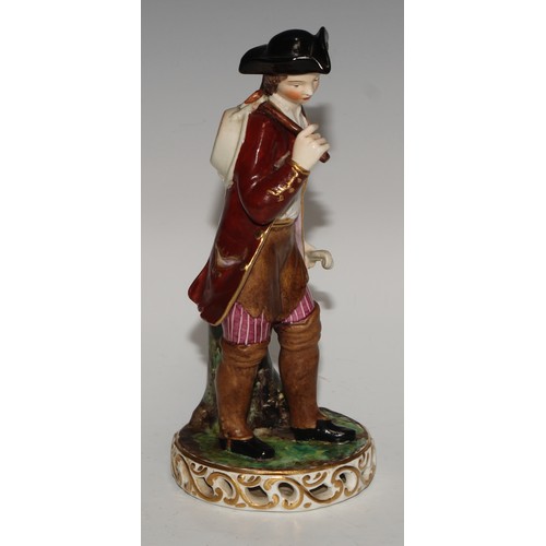 706 - A matched pair of Derby figures, a lady and gentleman in 18th century dress, 16cm high; a pair of Sa... 