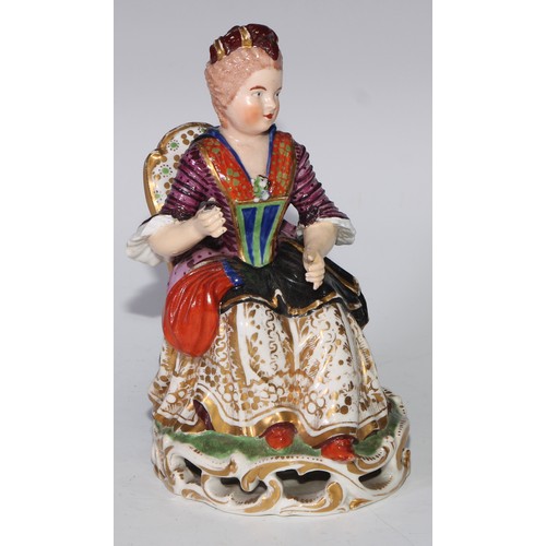 706 - A matched pair of Derby figures, a lady and gentleman in 18th century dress, 16cm high; a pair of Sa... 