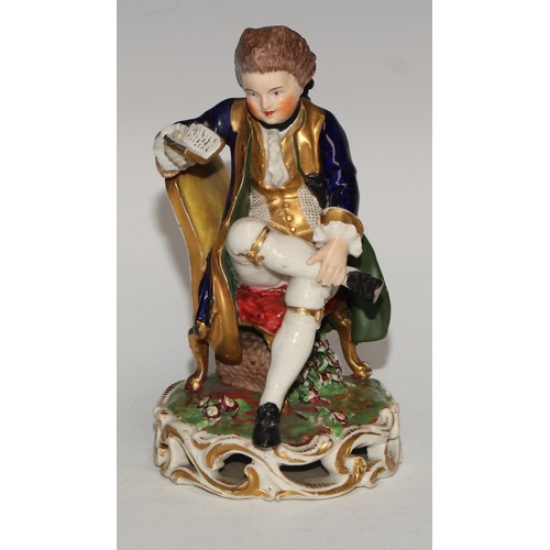 706 - A matched pair of Derby figures, a lady and gentleman in 18th century dress, 16cm high; a pair of Sa... 