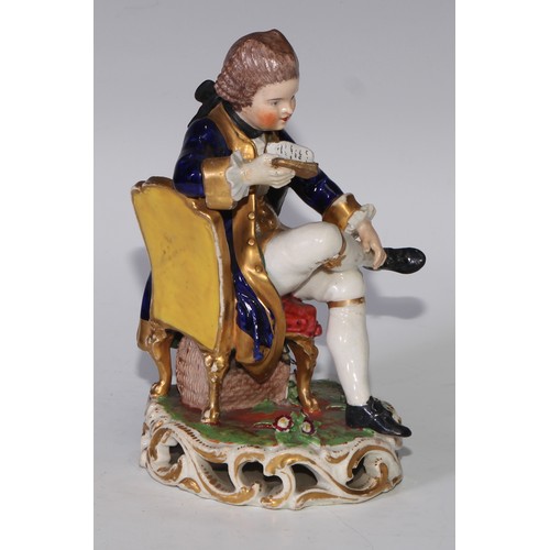 706 - A matched pair of Derby figures, a lady and gentleman in 18th century dress, 16cm high; a pair of Sa... 