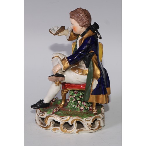 706 - A matched pair of Derby figures, a lady and gentleman in 18th century dress, 16cm high; a pair of Sa... 