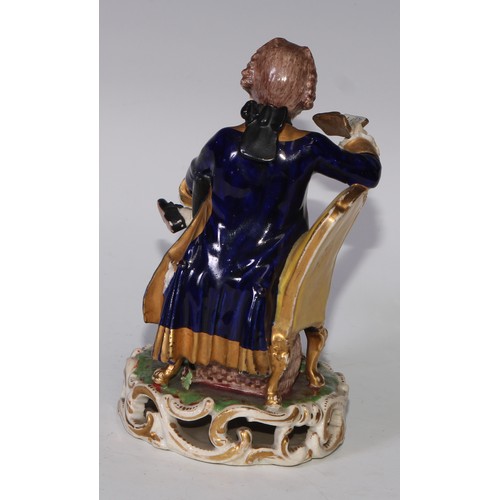 706 - A matched pair of Derby figures, a lady and gentleman in 18th century dress, 16cm high; a pair of Sa... 