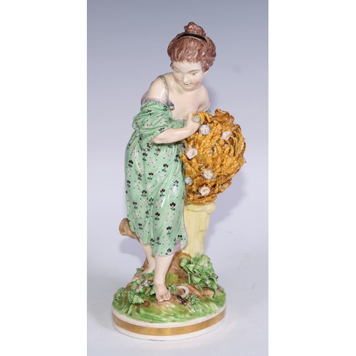 710 - A pair of Derby figures, allegorical of summer and autumn, she stands 25cm high, pseudo-Meissen mark... 