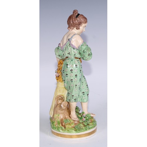 710 - A pair of Derby figures, allegorical of summer and autumn, she stands 25cm high, pseudo-Meissen mark... 