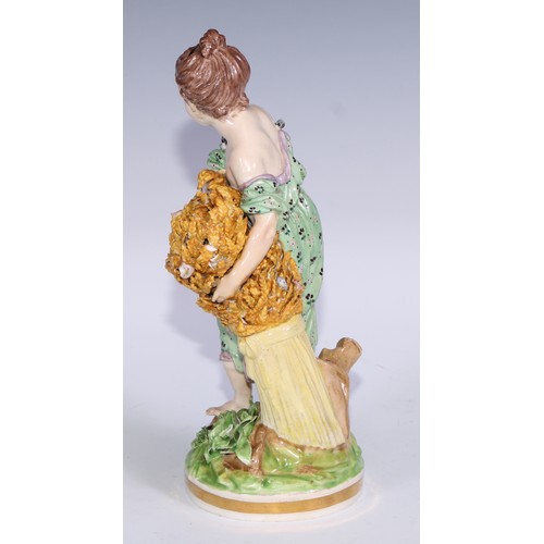 710 - A pair of Derby figures, allegorical of summer and autumn, she stands 25cm high, pseudo-Meissen mark... 