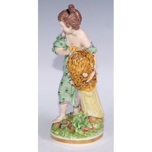 710 - A pair of Derby figures, allegorical of summer and autumn, she stands 25cm high, pseudo-Meissen mark... 