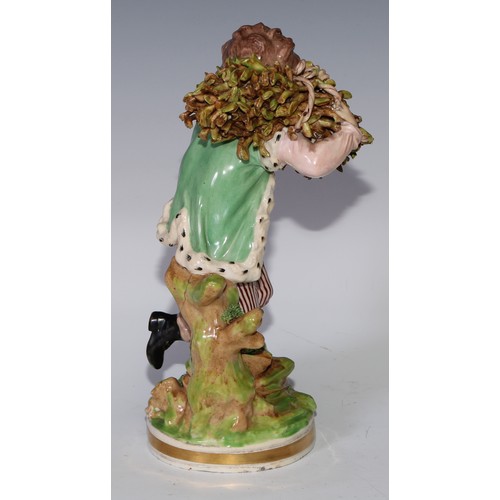 710 - A pair of Derby figures, allegorical of summer and autumn, she stands 25cm high, pseudo-Meissen mark... 