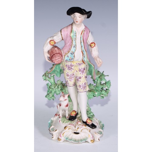 712 - A pair of Derby patch mark figures, of a beau and his lady, pierced scroll bases, he stands 26cm hig... 