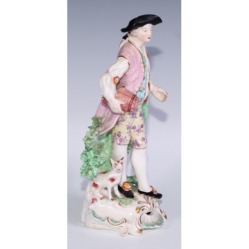 712 - A pair of Derby patch mark figures, of a beau and his lady, pierced scroll bases, he stands 26cm hig... 