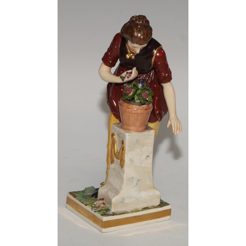 777 - A pair of Sampson Hancock Derby figures, of gardeners, square pedestal bases, he stands 20cm high, p... 