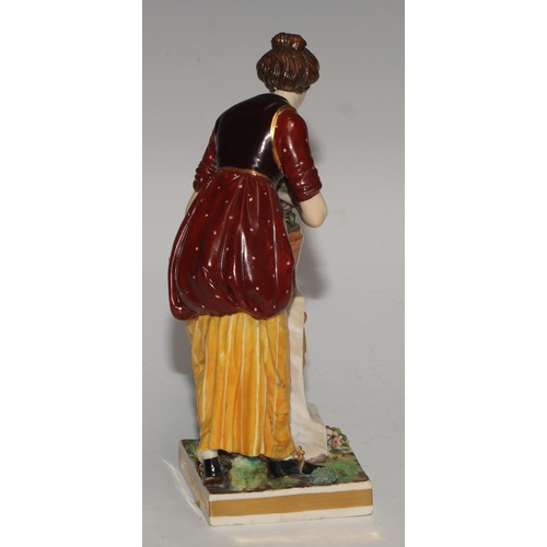 777 - A pair of Sampson Hancock Derby figures, of gardeners, square pedestal bases, he stands 20cm high, p... 