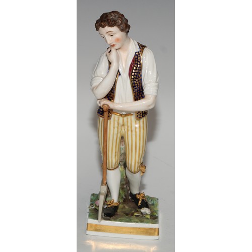 777 - A pair of Sampson Hancock Derby figures, of gardeners, square pedestal bases, he stands 20cm high, p... 