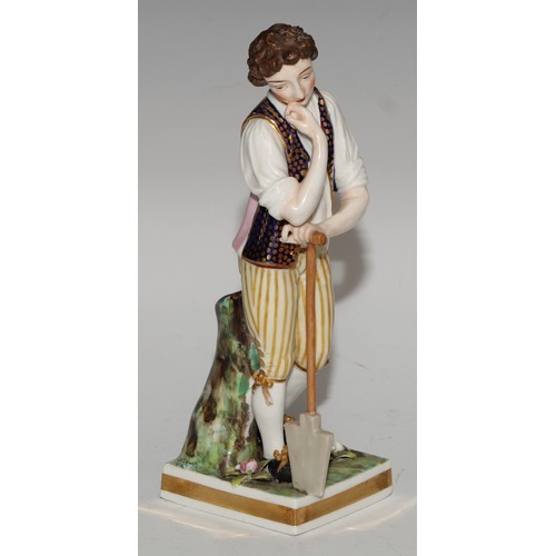 777 - A pair of Sampson Hancock Derby figures, of gardeners, square pedestal bases, he stands 20cm high, p... 