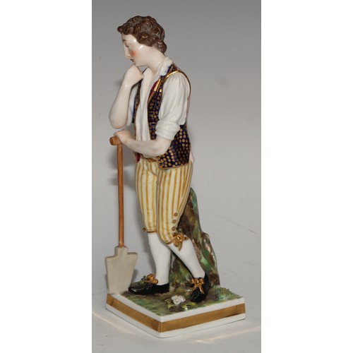 777 - A pair of Sampson Hancock Derby figures, of gardeners, square pedestal bases, he stands 20cm high, p... 