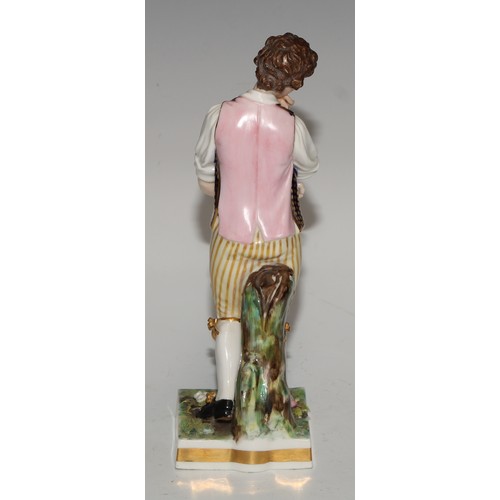 777 - A pair of Sampson Hancock Derby figures, of gardeners, square pedestal bases, he stands 20cm high, p... 