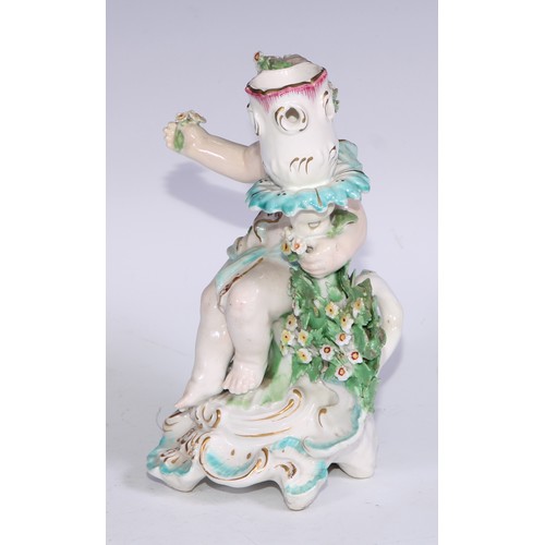 690 - A Derby patch mark figural candlestick, modelled as Cupid kneeling before bocage, scroll and shell b... 