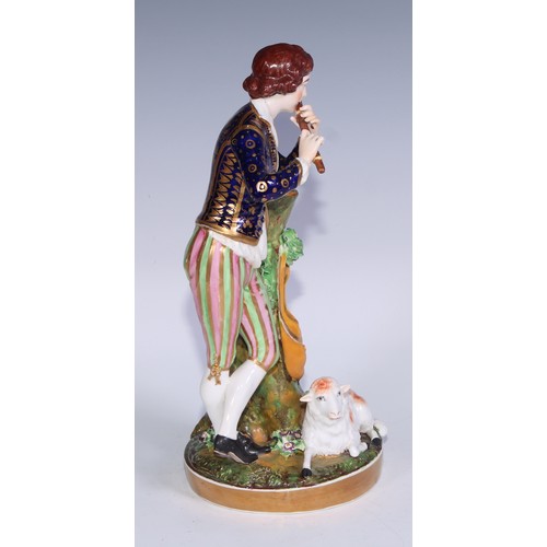 665 - ***LOT WITHDRAWN***A Bloor Derby figure, of a shepherd, he stands, playing a flute, a lamb at his fe... 