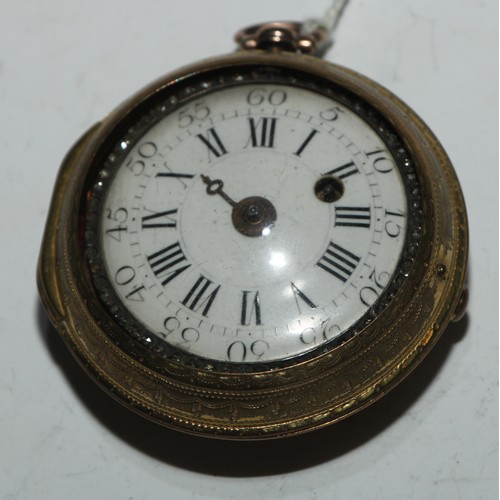 68 - A George II gold coloured metal pair cased pocket watch

fusee verge movement, enamel dial with Roma... 