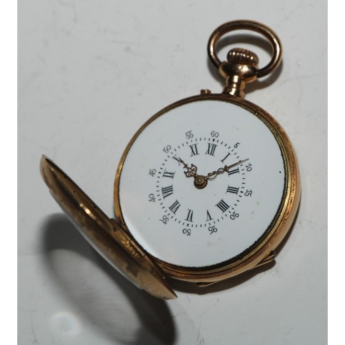 34 - A Continental gold fob watch, 3cm enamel dial inscribed with Roman and subsidiary Arabic numerals, k... 