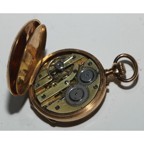 34 - A Continental gold fob watch, 3cm enamel dial inscribed with Roman and subsidiary Arabic numerals, k... 