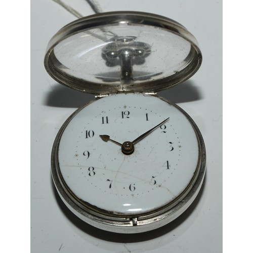 70 - A George III silver Derbyshire pair cased pocket watch, by J Holliwell, Derby, 4.5cm enamel dial ins... 