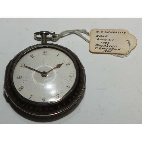 38 - A George III silver and tortoiseshell pair cased pocket watch, by T Strong, London, 5cm convex ename... 