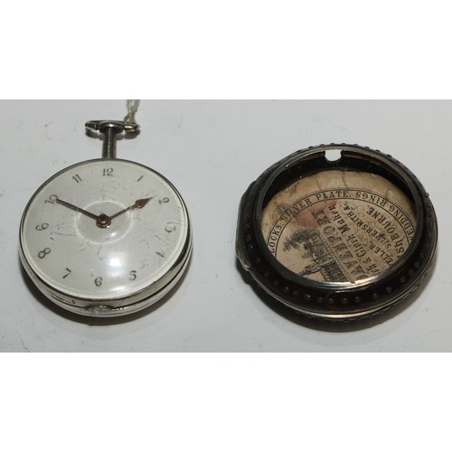 38 - A George III silver and tortoiseshell pair cased pocket watch, by T Strong, London, 5cm convex ename... 