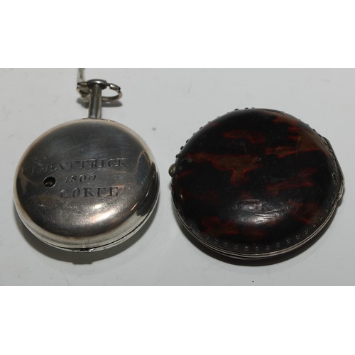 38 - A George III silver and tortoiseshell pair cased pocket watch, by T Strong, London, 5cm convex ename... 