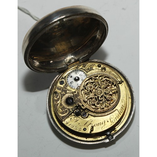 38 - A George III silver and tortoiseshell pair cased pocket watch, by T Strong, London, 5cm convex ename... 