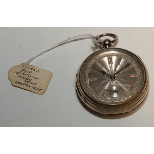 79 - A Victorian silver pocket watch, 5cm engine turned dial applied with gold coloured metal Roman numer... 