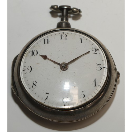 71 - A George III silver pair cased pocket watch, by J Lang, London, 4.5cm enamel dial inscribed with Ara... 