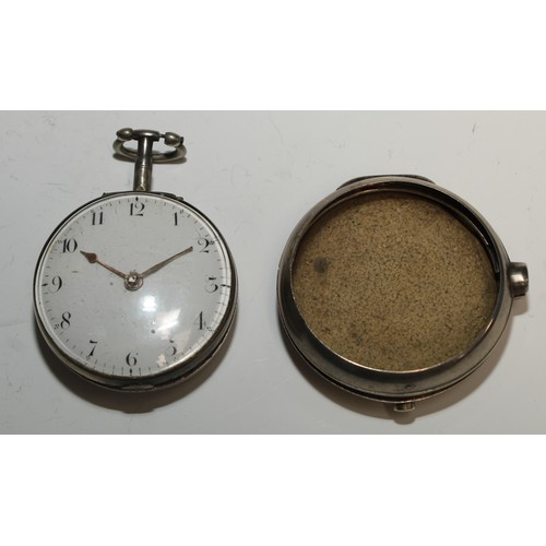 71 - A George III silver pair cased pocket watch, by J Lang, London, 4.5cm enamel dial inscribed with Ara... 