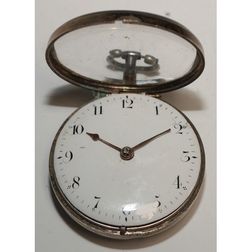 71 - A George III silver pair cased pocket watch, by J Lang, London, 4.5cm enamel dial inscribed with Ara... 