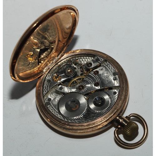 40 - A George V 9ct gold hunter pocket watch, 4.5cm enamel dial inscribed Waltham USA, Arabic numerals, s... 