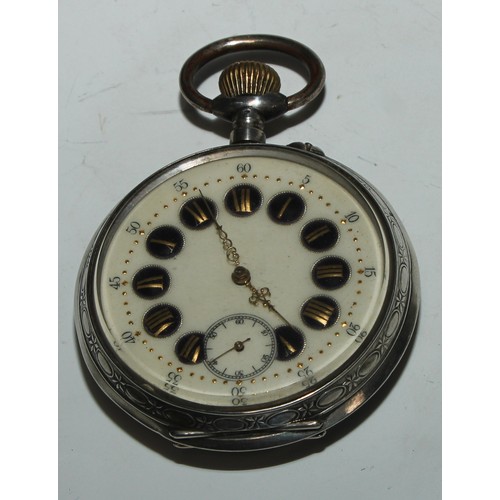 42 - A large Continental silver open faced pocket watch, 5.5cm enamel dial inscribed in gilt upon raised ... 