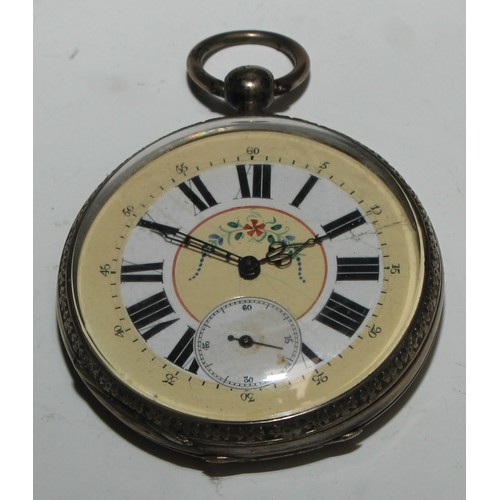 42 - A large Continental silver open faced pocket watch, 5.5cm enamel dial inscribed in gilt upon raised ... 