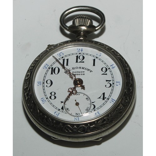 42 - A large Continental silver open faced pocket watch, 5.5cm enamel dial inscribed in gilt upon raised ... 