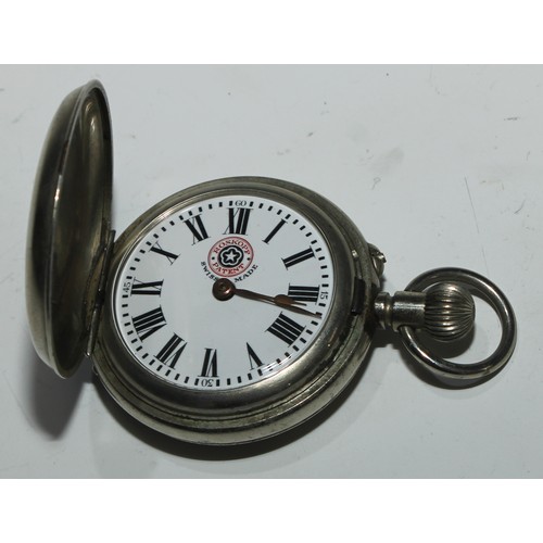 42 - A large Continental silver open faced pocket watch, 5.5cm enamel dial inscribed in gilt upon raised ... 