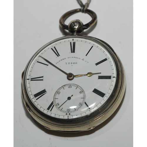 77 - A Victorian silver open faced pocket watch, 4.5cm enamel dial inscribed Alfred Russell & Co [Liverpo... 